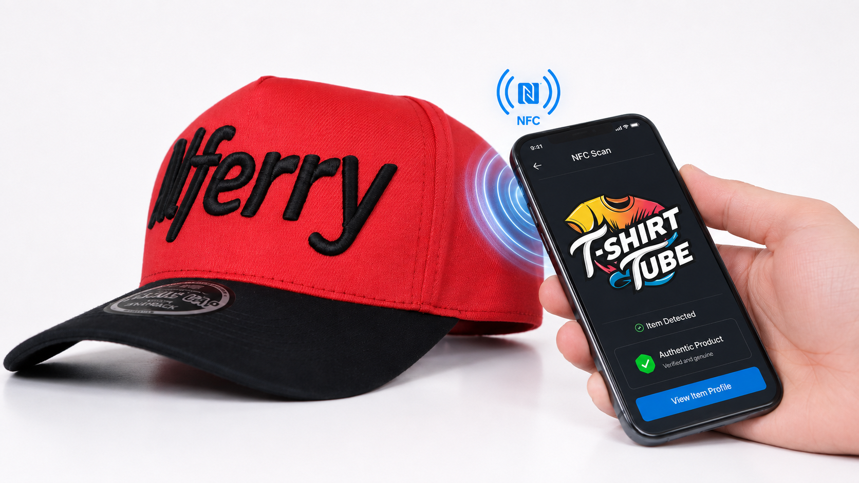 A phone scanning an NFC-enabled Alferry hat and opening the TShirtTube item profile.